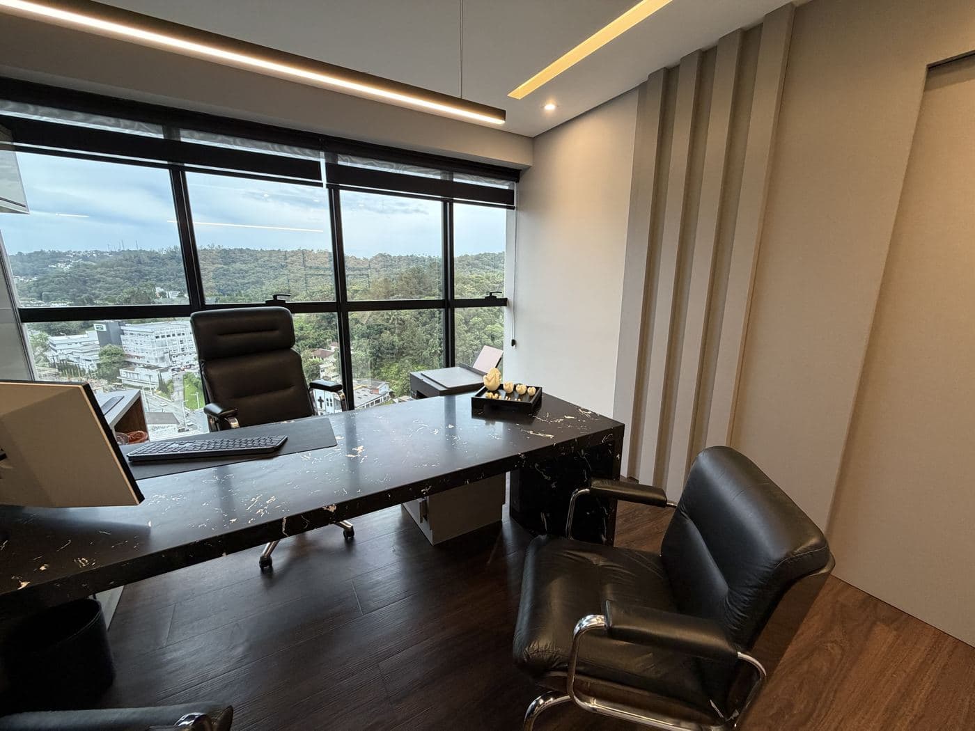 Consultório com mesa e vista para a mata